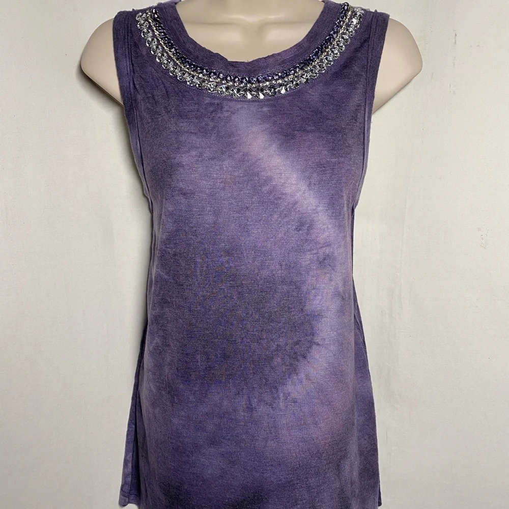 Size S Vocal Sleeveless Embellished Neck Purple Soft Tye Dyed Women's Tank Top - Picture 1 of 6